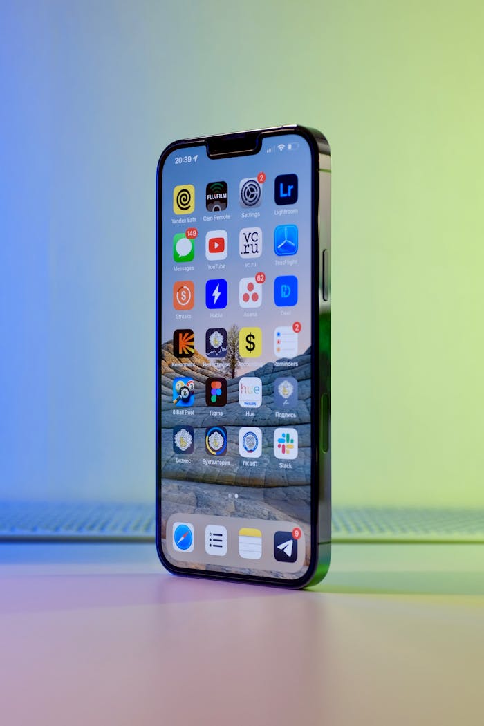 Vertical smartphone display with colorful app icons, standing on a blue and green gradient background.